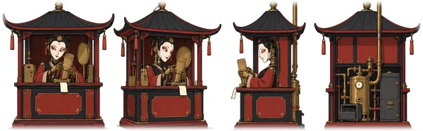 Bao Shi, a fortune teller robot with a porcelain opera mask in a red lacquer kiosk