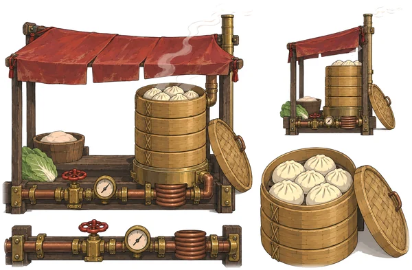 A steamed-bun stall with brass pipes, bamboo steamers and a red awning