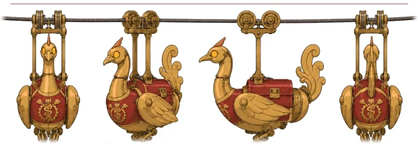 Hin Tha, a brass goose-shaped mail robot hanging from a cable