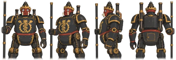 Pan Kaik, a heavy guard robot with a red mask, tusks and a staff