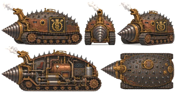 The Iron Tortoise, a spiked drilling machine with a dragon head and the Teng Hou emblem