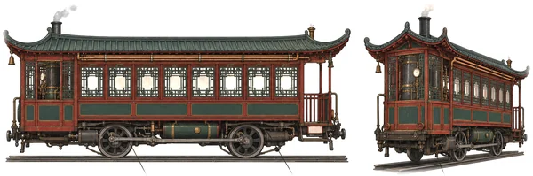 A red and green steam tram with a pavilion roof