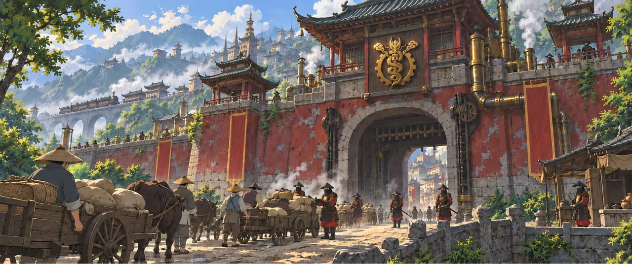 The red gate of Iron City, with carts and guards