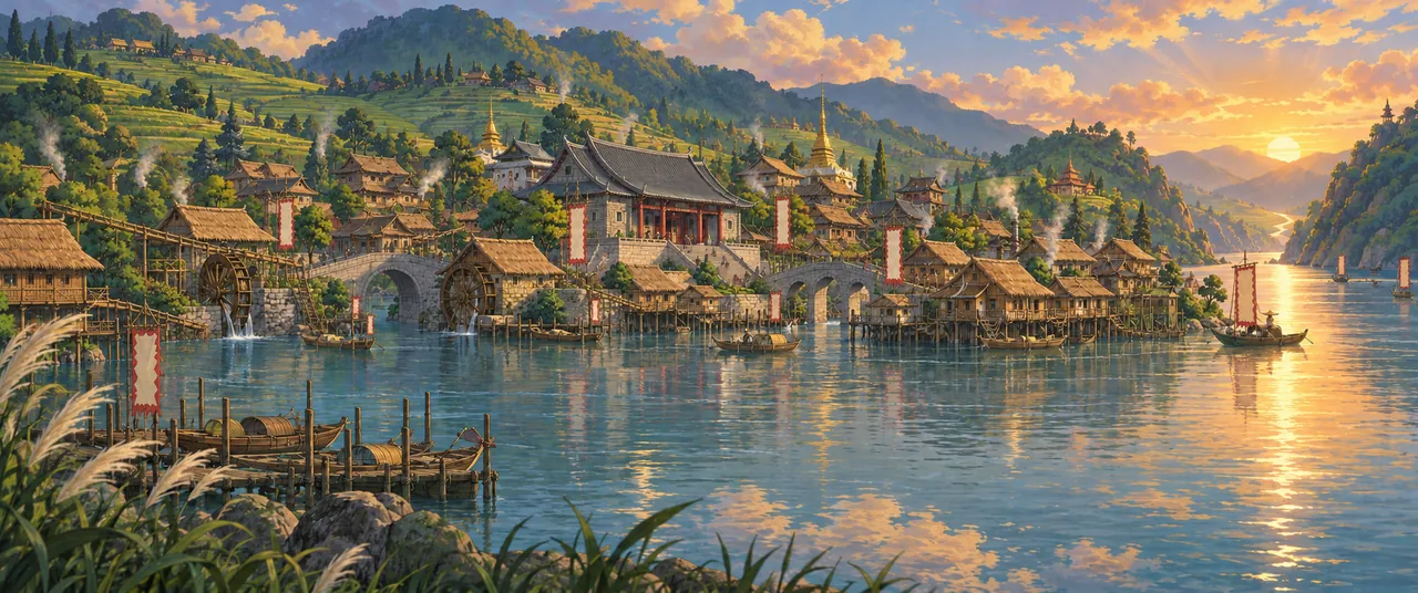 Da Village, a lake village of stilt houses at sunset
