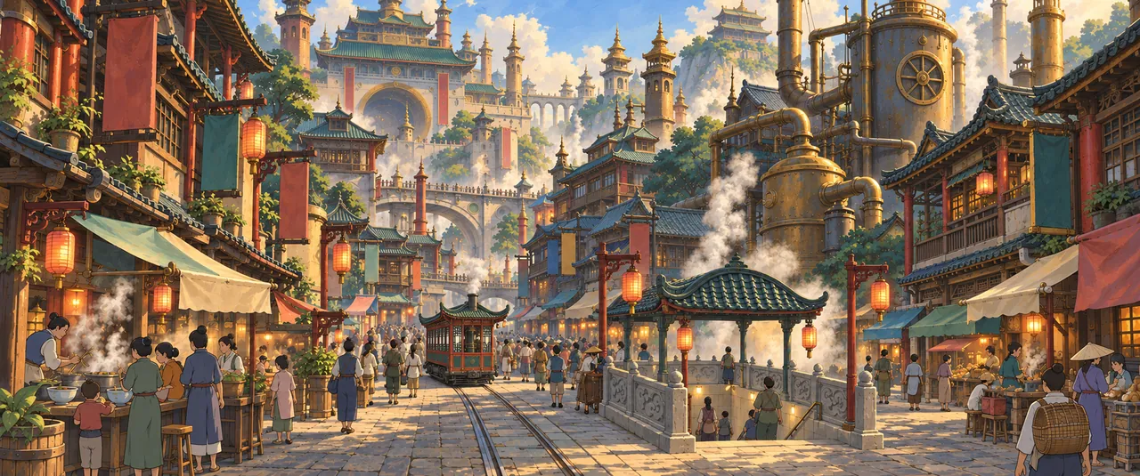 A busy street in Iron City, with a steam tram and market stalls