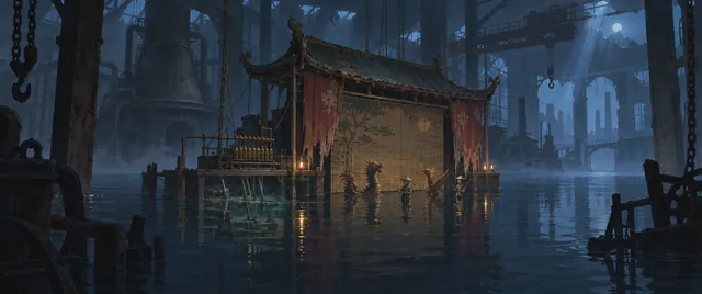 The flooded streets of the Foundry at night