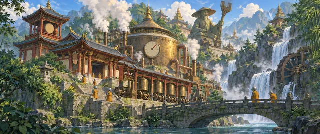 The Steam Temple on stone terraces beside a waterfall