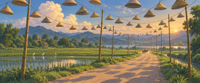 Straw hats hanging on long cords over a road through rice fields