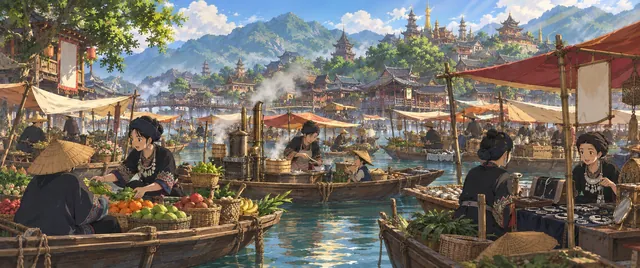 Boats tied together into a floating market on the lake