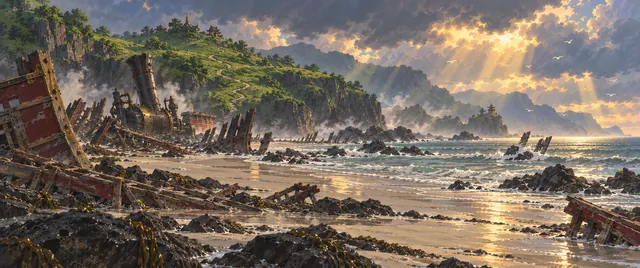 A beach of black rock and pale sand at dawn
