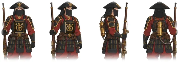 Steam Guards of Teng Hou in black lacquered hats and veils