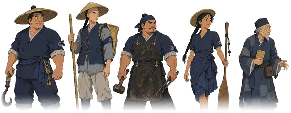 People of the Unregistered: a dock worker, a farm scout, a smith, a boat runner and an old scholar
