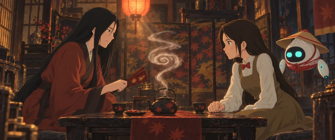 Jin, Lin and Lang having tea at the Red Maple Inn
